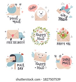 E-mail marketing and News, receiving mail icon set.  Letter advertising concept illustrations with calligraphy text. Perfect for sticker kit, tags. Hand drawn vector.