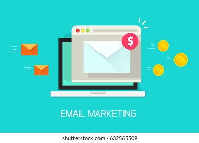 Email marketing newsletter campaign vector illustration, flat cartoon laptop computer screen with browser window and digital email earn conversion to money flow, income from e-mail campaign