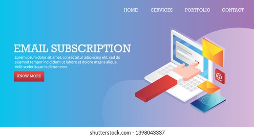 Email marketing, Newsletter marketing, Customer email subscription, conceptual 3D, isometric vector banner with icons and texts