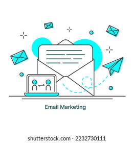 Email marketing, Newsletter marketing, Mail landing page, Email automatic auto reply response. Flat design. Vector Illustration