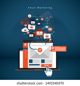 Email Marketing, Newsletter Marketing, Email Subscription And Drip Campaign With Icons On Blue Background