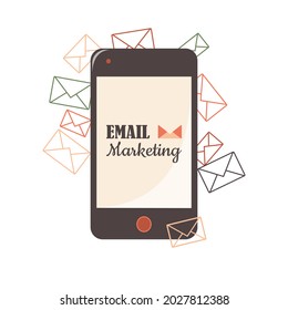 Email marketing on mobile devices. The envelope icons are drawn with a thin colored outline. A modern gadget for communication and business. Vector.