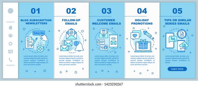 Email marketing onboarding mobile web pages vector template. Newsletters, email. Responsive smartphone website interface idea with linear illustrations. Webpage walkthrough step screens. Color concept