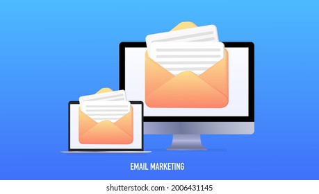 Email marketing, online advertising concept. Laptop with envelope and read emails on the screen. Vector illustration on an isolated background. Web banner
