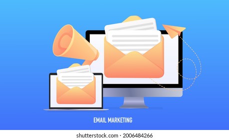 Email marketing, online advertising concept. Laptop with envelope and read emails on the screen. Vector illustration on an isolated background. Web banner
