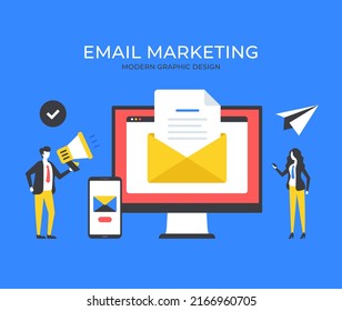 Comercialización por correo electrónico. Personas y computadora con sobre y documento. Publicidad por correo electrónico. Concepto de negocio. Conjunto de elementos gráficos modernos. Ilustración del vector