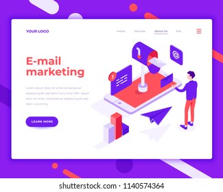 E-mail marketing people and interact with mobile phone. Landing page template. 3d isometric vector illustration.