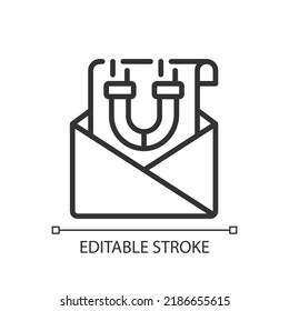 Email marketing pixel perfect linear icon. Attract potential customers through emails. Discount offer. Thin line illustration. Contour symbol. Vector outline drawing. Editable stroke. Arial font used