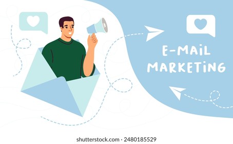 Afiche de marketing por correo electrónico. Hombre dentro del sobre con altavoz. Promoción en internet y redes sociales. Correspondencia de negocios en línea. Diseño de página web de aterrizaje. Ilustración vectorial plana de dibujos animados