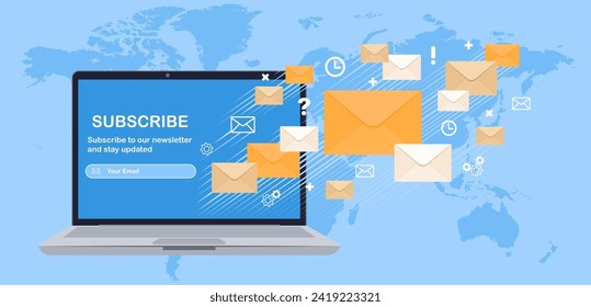 E-Mail Marketing and promotion illustration with laptop and letters on blue background, world map. 