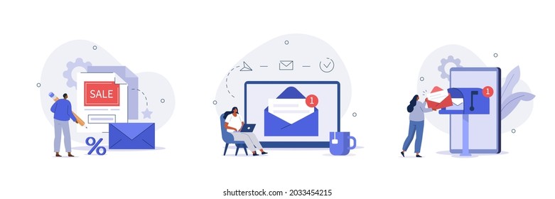 E-mail marketing and promotion scenes. Characters sending advertising mails and promotional offers with sales and discounts. Ecommerce business concept. Flat cartoon vector illustration and icons set.