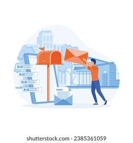 E-mail marketing and promotion scenes. Characters sending advertising mails and promotional offers with sales and discounts. flat vector modern illustration 