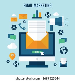 Email marketing. Propagation and sharing, promotion and support, optimization and megaphone. Flat vector illustration