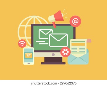 Email Marketing. Propagation And Sharing, Promotion And Support, Optimization And Megaphone. Flat Vector Illustration