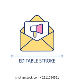 Email Marketing RGB Color Icon. Advertising Letter. Digital Marketing. Business Promotion. Isolated Vector Illustration. Simple Filled Line Drawing. Editable Stroke. Arial Font Used