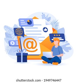 Email marketing scene. Man works on laptop, creates advertising mailing list for clients. Product promotion, newsletters to buyers concept. Vector illustration of people characters in flat design