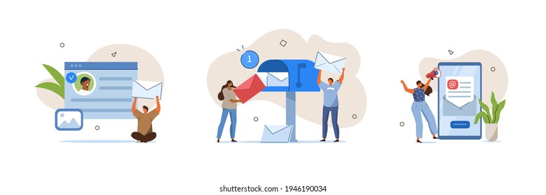 Email Marketing Scenes. People Characters Using Online Postbox and Sending Advertising Mails. Woman and Man Holding Envelopes and Reading Letters.  Flat Cartoon Vector Illustration.