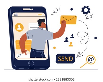 Email Marketing Scenes.People Characters Using Online Postbox and Sending Advertising Mails.Man making advertising in online chats.People situation in flat design. Vector illustration.