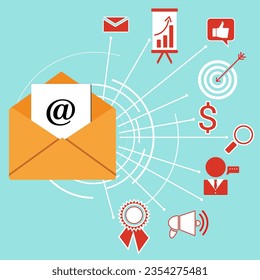 Email marketing. Scheme of envelope with address sign and Icons on light blue background, vector illustration