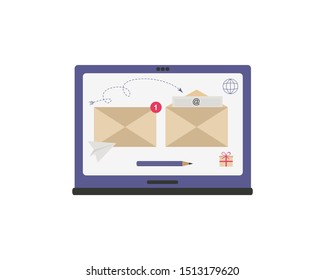 Email marketing, sending messages to a laptop. The concept of online offers, receiving a gift upon purchase. Vector flat illustration isolated on white background.