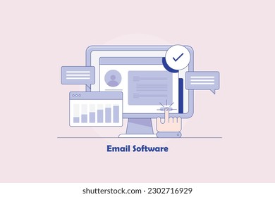 Software de marketing de correo electrónico que muestra la velocidad abierta, el índice de pulsación, el seguimiento de mensajes de correo electrónico - ilustración de vector de esquema con iconos