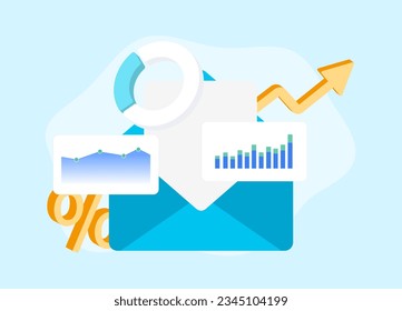 Ilustración del concepto de Estadísticas de Marketing por Correo Electrónico. Analizar el análisis de marketing digital por correo electrónico y las principales ideas para estrategias de correo electrónico B2B y B2C