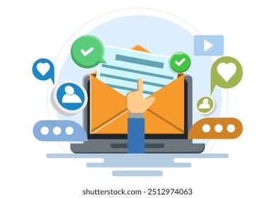 Email marketing strategy concept, Email campaign, Sending emails to potential customers, Newsletter marketing, Sharing advertising messages on social media, Internet network communication.