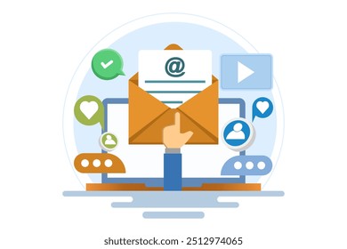 E-Mail-Marketing-Strategie-Konzept, E-Mail-Kampagne, Senden von E-Mails an potenzielle Kunden, Newsletter-Marketing, Teilen von Werbebotschaften in sozialen Medien, Internet-Netzwerkkommunikation.