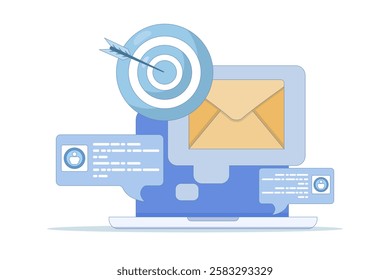 Email marketing strategy concept, Email campaign, Sending emails to potential customers, Newsletter marketing, Social media advertising messages, Internet network communication. vector illustration.