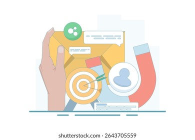 Email marketing strategy concept. subscribe to newsletter or send online promotions to attract customers to website, communication and advertising. flat design vector illustration on background.