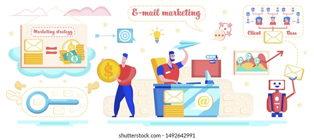 E-mail Marketing Strategy Flat Vector Concept with Company Manager Sending Messages to Potential Customers, Chat Bot, Artificial Intelligence Robot Making Mass Mailing to Clients Base Illustration