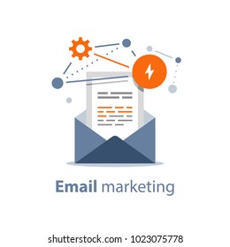 Email marketing strategy, newsletter concept, opened envelope, writing letter, news summary, fishing email, cyber crime, spam attack protection, fraud technology, vector icon, flat illustration