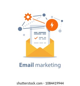 Email Marketing Strategy, Newsletter Concept, Opened Envelope, Writing Letter, News Summary, Fishing Email, Cyber Crime, Spam Attack Protection, Fraud Technology, Vector Icon, Flat Illustration 