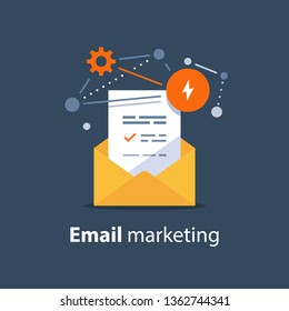 Email marketing strategy, newsletter concept, opened envelope, writing letter, summary news rss services, vector icon, flat illustration