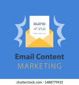 Email marketing strategy, newsletter concept, opened envelope, writing letter, news summary, vector icon, flat illustration