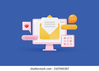 Email marketing strategy, Opening email, Newsletter advertising, Digital communication, Social media marketing 3D design concept illustration