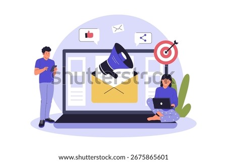 Email Marketing Strategy and Team Collaboration. Professionals Working Together to Execute a Digital Marketing Campaign, Highlighting Teamwork and Strategy. Flat Vector Illustration