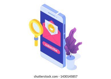 Email marketing, subscribe isometric concept. Received newsletter. Vector  illustration