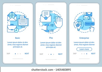 Email marketing subscription onboarding mobile app page screen with linear concepts. Three walkthrough steps graphic instructions. Basic or pro tariffs. UX, UI, GUI vector template with illustrations