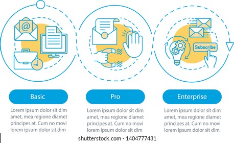 Email marketing subscription vector infographic template. Business presentation design elements. Pro tariff. Data visualization, three step. Process timeline chart. Workflow layout, linear icons