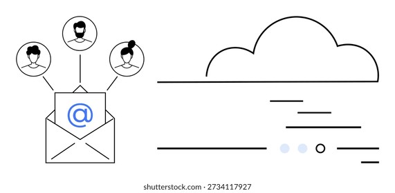 Email marketing, colaboración en equipo, almacenamiento en la nube, redes digitales, trabajo remoto, transferencia de datos. Envolvente con personas y nube con líneas de datos. Email marketing y concepto de colaboración en equipo