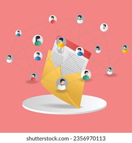 Concepto de ilustración 3d plano isométrico de la red del equipo de marketing por correo electrónico
