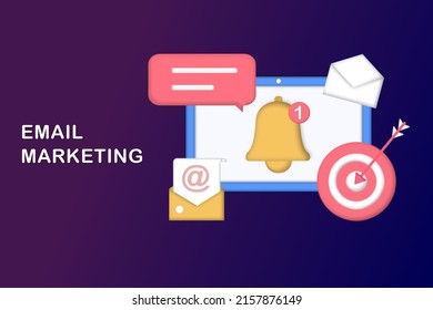 Email marketing template. Digital marketing, e-commerce, social media marketing, business mail, subscribe. 3d vector illustration concept for website and mobile development. Minimalist cartoon style.