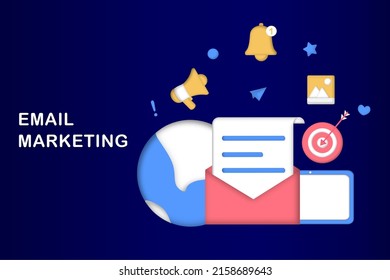 Email marketing template. Digital marketing, e-commerce, social media marketing, business mail, subscribe. 3d vector illustration concept for website and mobile development. Minimalist cartoon style.