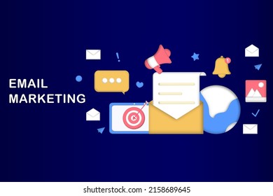 Email marketing template. Digital marketing, e-commerce, social media marketing, business mail, subscribe. 3d vector illustration concept for website and mobile development. Minimalist cartoon style.