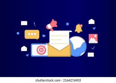 Email marketing template. Digital marketing, e-commerce, social media marketing, business mail, subscribe. 3d vector illustration concept for website and mobile development. Minimalist cartoon style.
