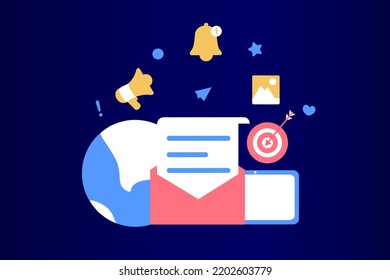 Email marketing template. Digital marketing, e-commerce, social media marketing, business mail, subscribe. Vector illustration concept for website and mobile development. Minimalist flat style.