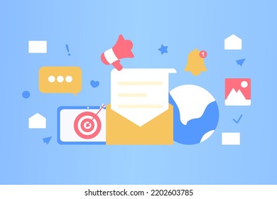 Plantilla de marketing por correo electrónico. Marketing digital, comercio electrónico, marketing en medios sociales, correo de negocios, suscripción. Concepto de ilustración vectorial para el desarrollo de sitios web y móviles. Estilo minimalista y plano.