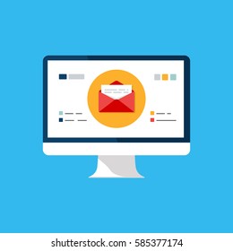 Email marketing template e-mail management message online social media newsletter concept vector monitor computer all in one screen isolated on blue web page flat design web, website mobile app UI