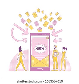 Email Marketing Thin Line Konzept Vektorillustration Illustration. Vermarkter und Benutzer 2D Cartoon-Zeichen für Web-Design. Online-Werbebrief, Newsletter-Spam, Werbebotschaften, kreative Idee
